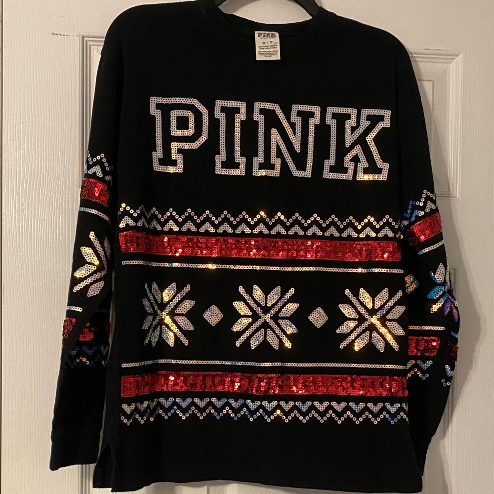 PINK Victoria's Secret Black with Sequin Logo Cotton Tee